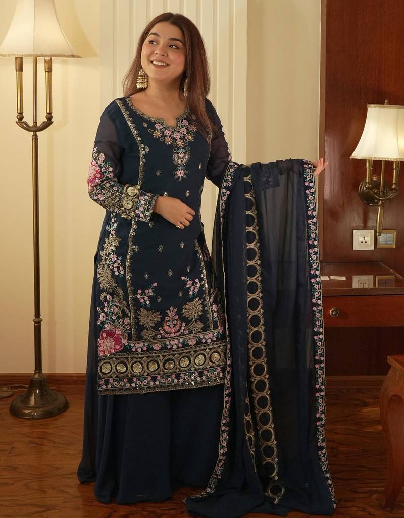 Women's georgette traditional motiff embroidered kurta palazzo with dupatta set