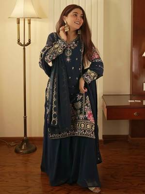 Women's georgette traditional motiff embroidered kurta palazzo with dupatta set 2