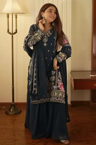 Women's georgette traditional motiff embroidered kurta palazzo with dupatta set