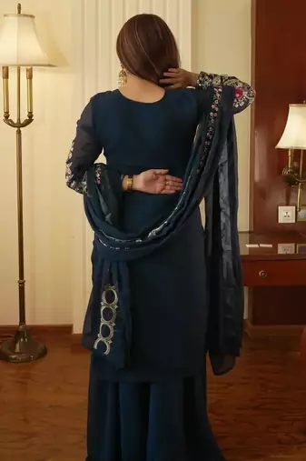 Women's georgette traditional motiff embroidered kurta palazzo with dupatta set
