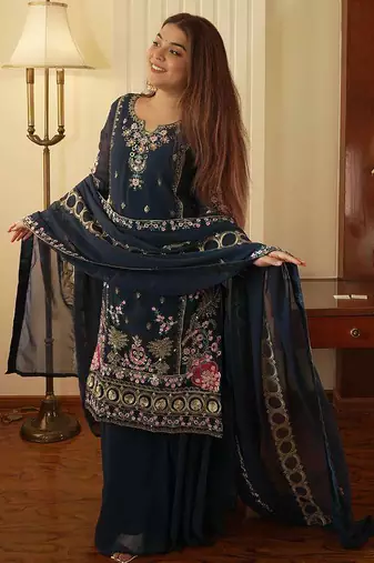Women's georgette traditional motiff embroidered kurta palazzo with dupatta set