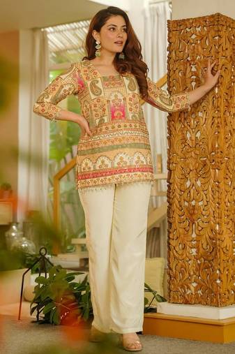 Women's silk traditional motiff printed short kurta palazzo set