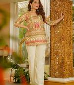 Women's silk traditional motiff printed short kurta palazzo set