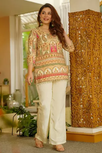 Women's silk traditional motiff printed short kurta palazzo set