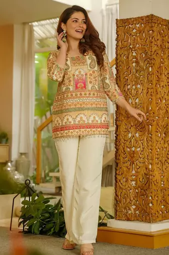 Women's silk traditional motiff printed short kurta palazzo set