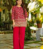 Women's silk traditional motiff embroidered short kurta palazzo set
