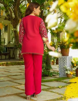 Women's silk traditional motiff embroidered short kurta palazzo set 4