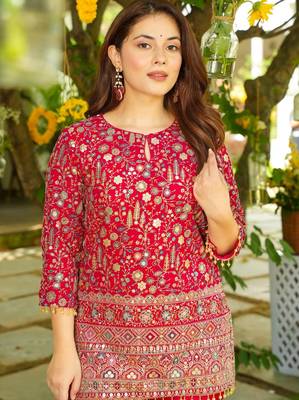 Women's silk traditional motiff embroidered short kurta palazzo set 5