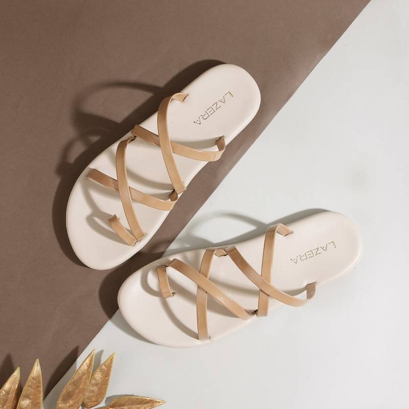 Lazera women's glossy strap sliders – lightweight daily use flats for all-day comfort(1486)