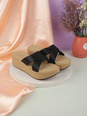 Lazera black cross-strap wedge slip-ons for women (1502) 1