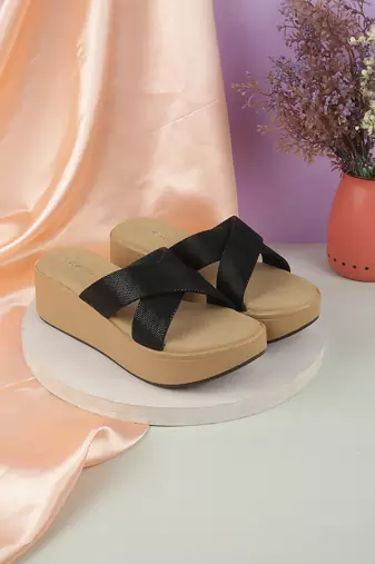 Lazera black cross-strap wedge slip-ons for women (1502)