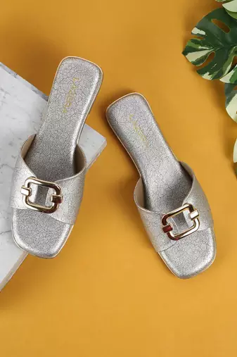 Women's luxe buckle flat slides