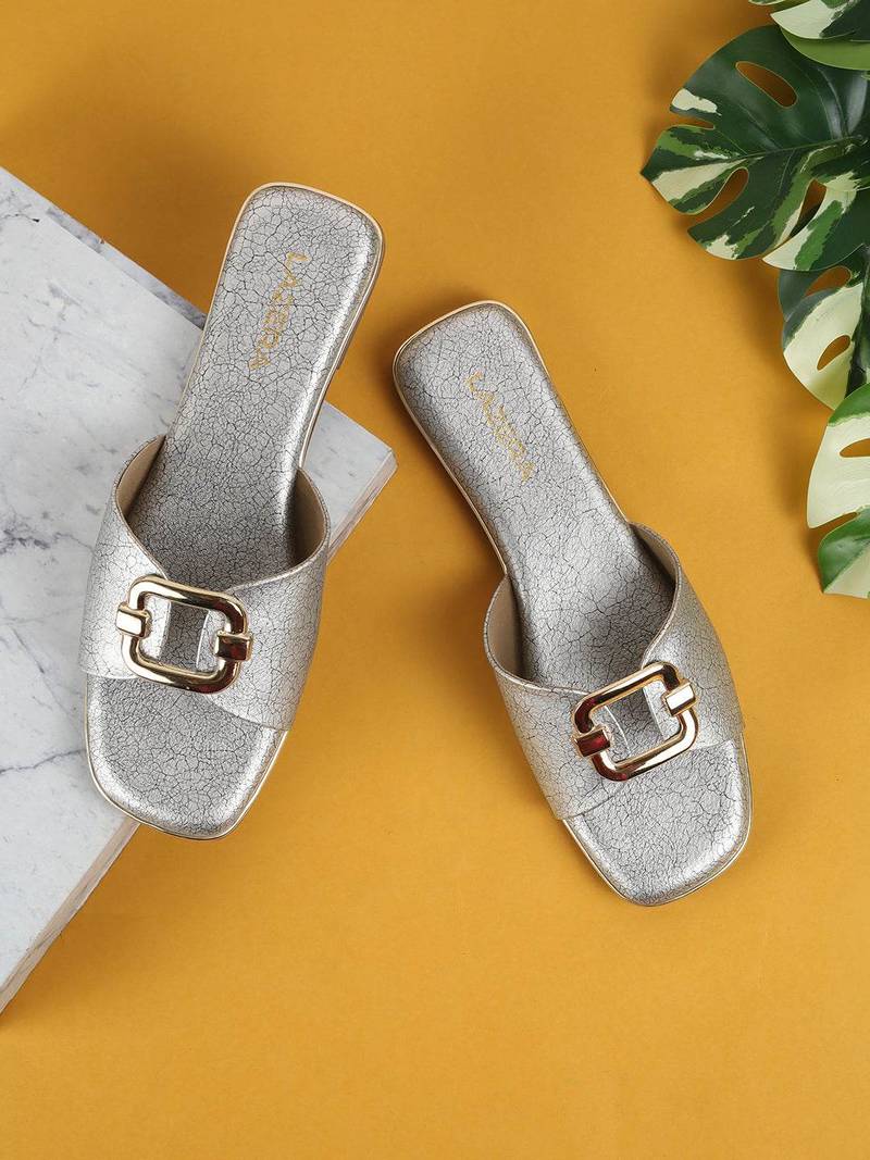Women's luxe buckle flat slides