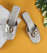 Women's luxe buckle flat slides