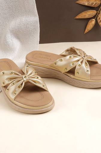 Lazera women's bow design gold wedge slippers (1536)