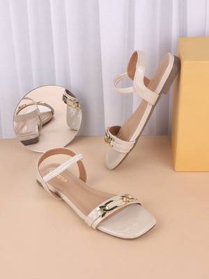 Chic beige strap sandals with gold accent 1
