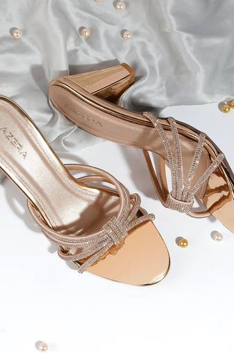 Golden block heel party sandals with embellished straps (1592)