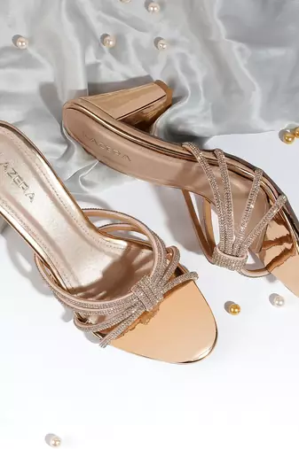 Golden block heel party sandals with embellished straps (1592)