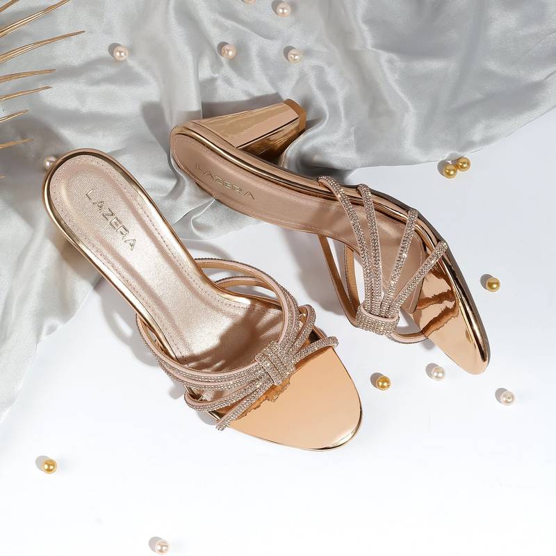 Golden block heel party sandals with embellished straps (1592)