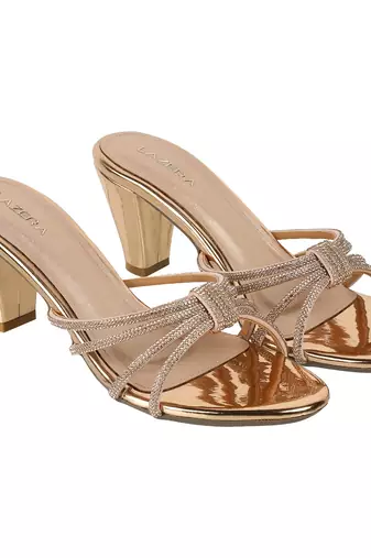 Golden block heel party sandals with embellished straps (1592)