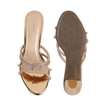Golden block heel party sandals with embellished straps (1592) 3