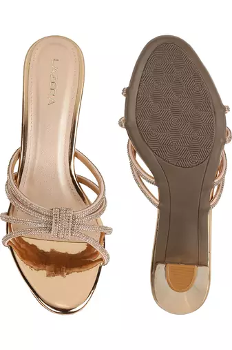 Golden block heel party sandals with embellished straps (1592)