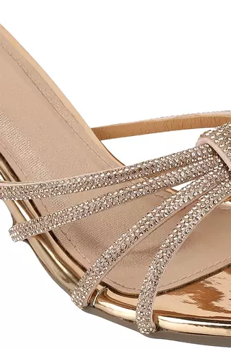 Golden block heel party sandals with embellished straps (1592)