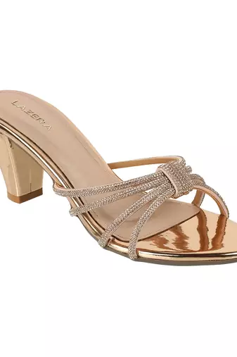 Golden block heel party sandals with embellished straps (1592)