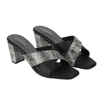 Black cross-strap block heel sandals with embellished detailing (1593) 2