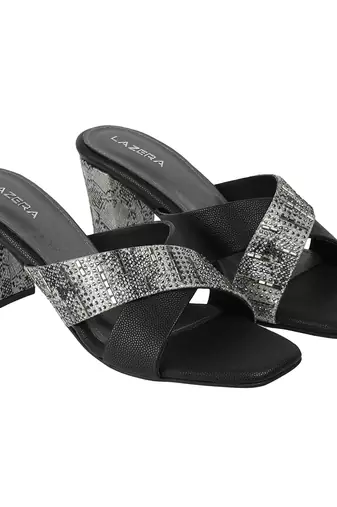 Black cross-strap block heel sandals with embellished detailing (1593)