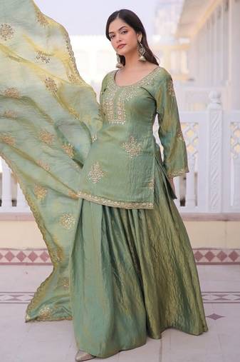 green fendi crush zari sharara suit plus size