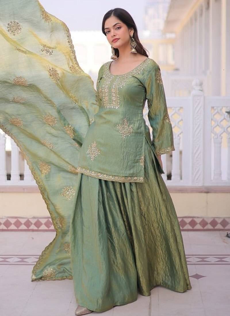 green fendi crush zari sharara suit plus size