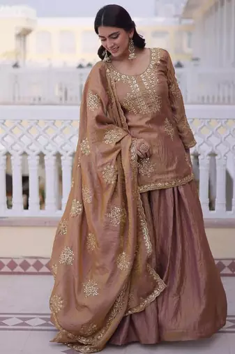 brown fendi crush zari sharara suit plus size