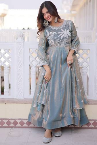 plus size grey fendi satin embroidered anarkali