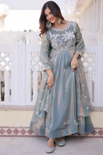 plus size grey fendi satin embroidered anarkali
