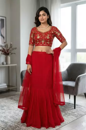 Red Foux Gorgette Lehenga Set