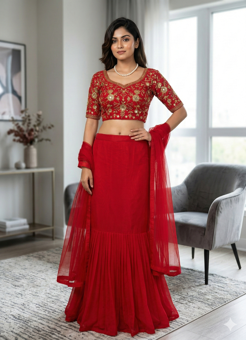 Red Foux Gorgette Lehenga Set