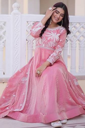 plus size pink fendi satin embroidered anarkali