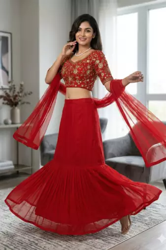 Red Foux Gorgette Lehenga Set
