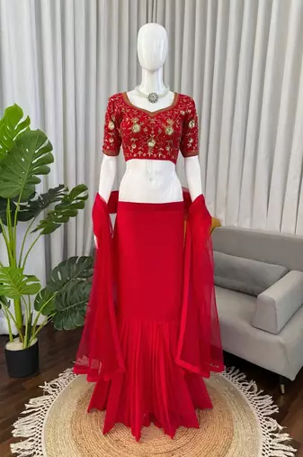 Red Foux Gorgette Lehenga Set