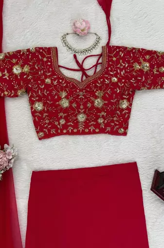 Red Foux Gorgette Lehenga Set