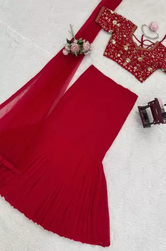 Red Foux Gorgette Lehenga Set