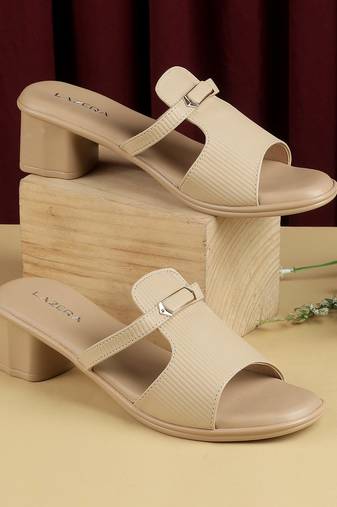 Women’s elegant buckle strap mid-heel slides (1609)