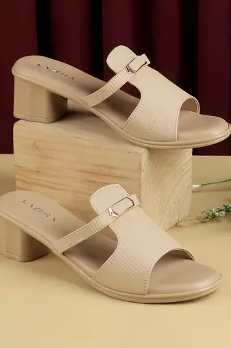 Women’s elegant buckle strap mid-heel slides (1609)