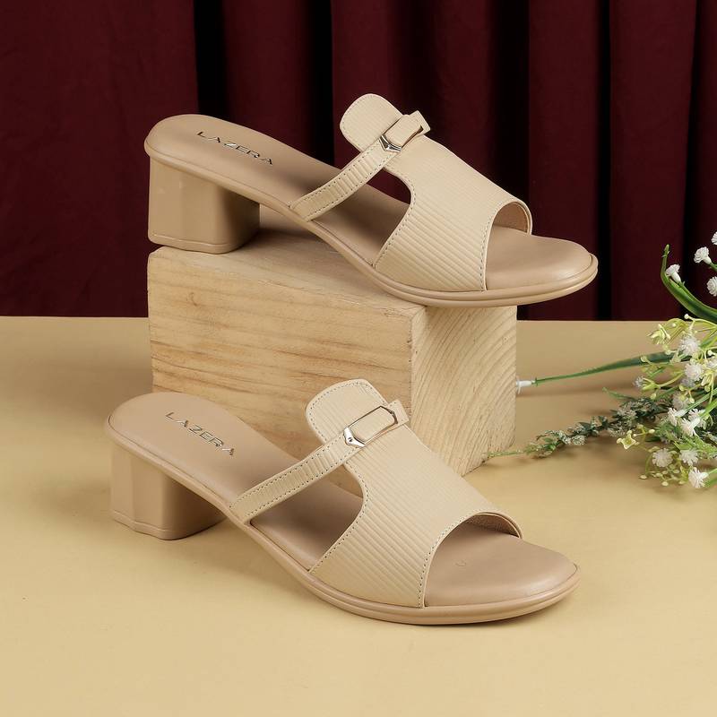 Women’s elegant buckle strap mid-heel slides (1609)