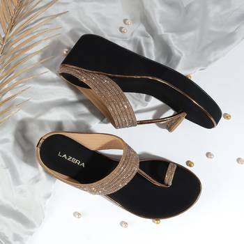 Antique gold embellished wedge sandals with toe ring design (1614) 1