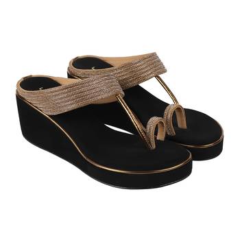Antique gold embellished wedge sandals with toe ring design (1614) 2