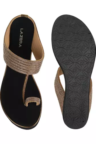 Antique gold embellished wedge sandals with toe ring design (1614)