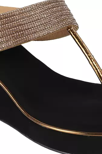 Antique gold embellished wedge sandals with toe ring design (1614)