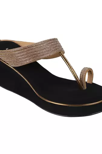 Antique gold embellished wedge sandals with toe ring design (1614)